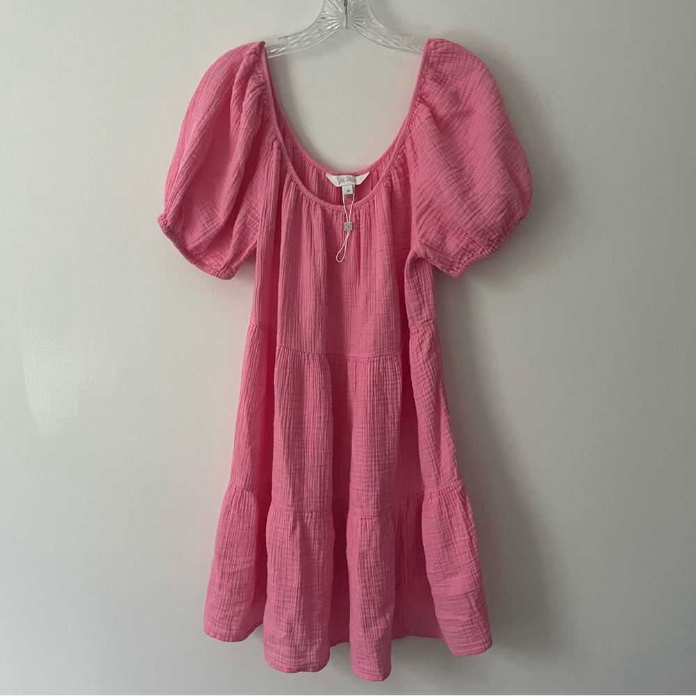 Lilly Pulitzer Zemini Pink Crinkle Gauze Puff Sleeve Mini Dress 100% Cotton M